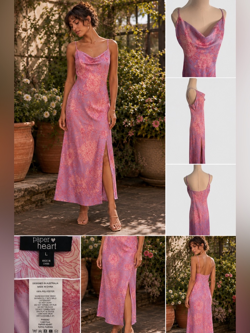 Paper Heart Floral Satin Slip Dress L Pink Cowl Neck Midi 90s Fairycore